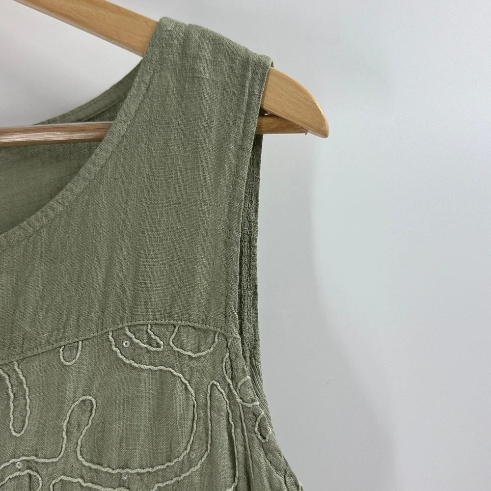 Lana Tomei Linen dress made in Italy sleeveless embroidered sage green classic